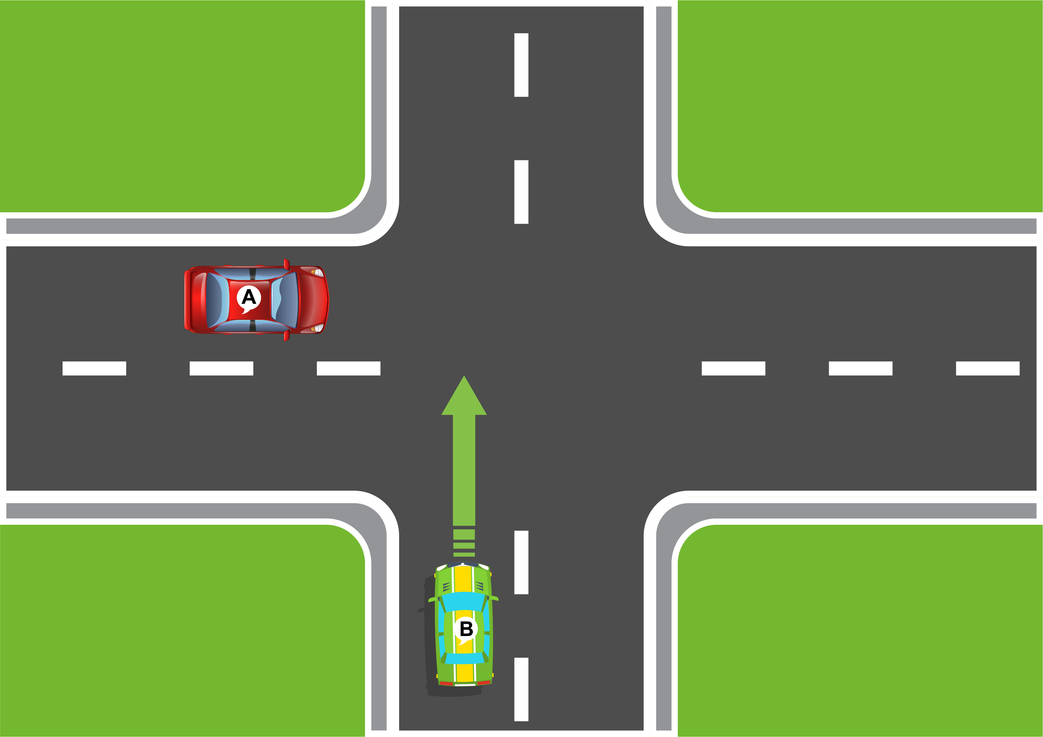 3.Two cars at an unmarked intersection of equal roads show right of way-01(1).png